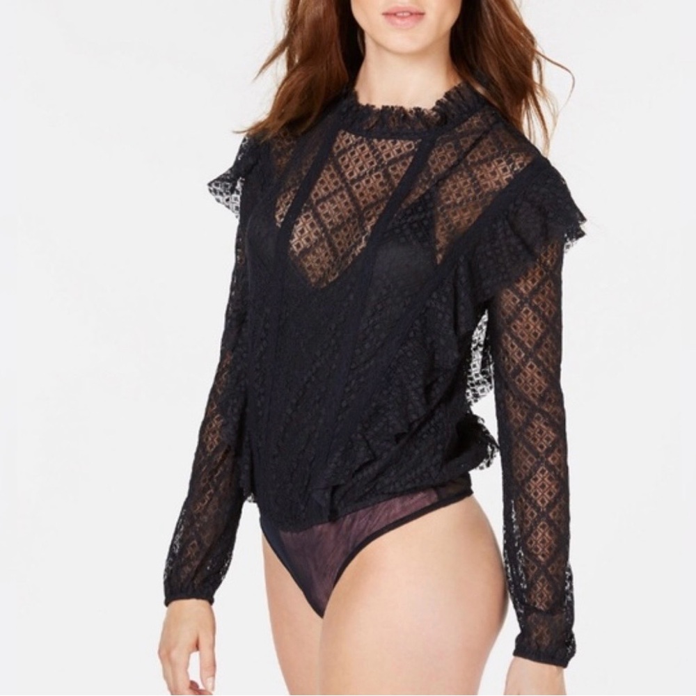 Intimately Free People Goldie Black Lace Ruffle Bodysuit bohemian Sz S